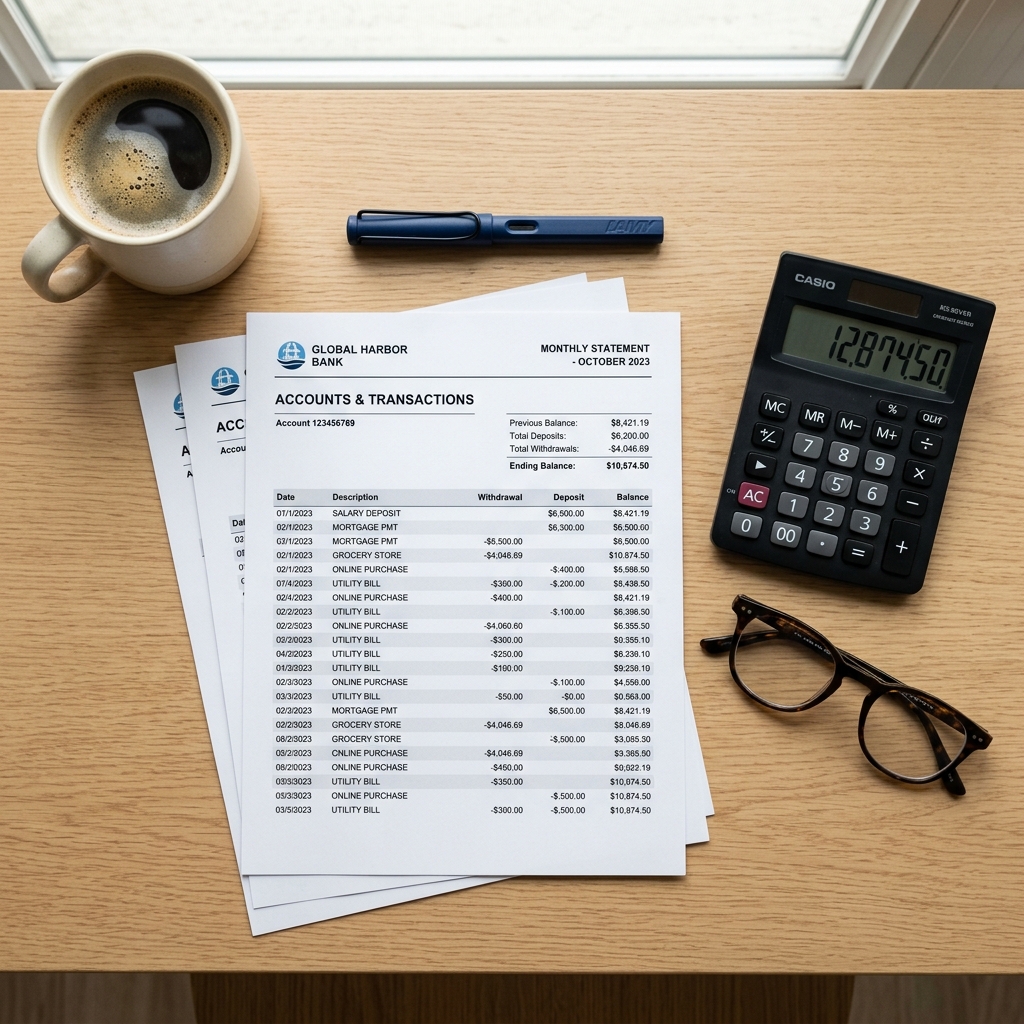 Professional bank statement document showing account details, transactions and balance for proof of address